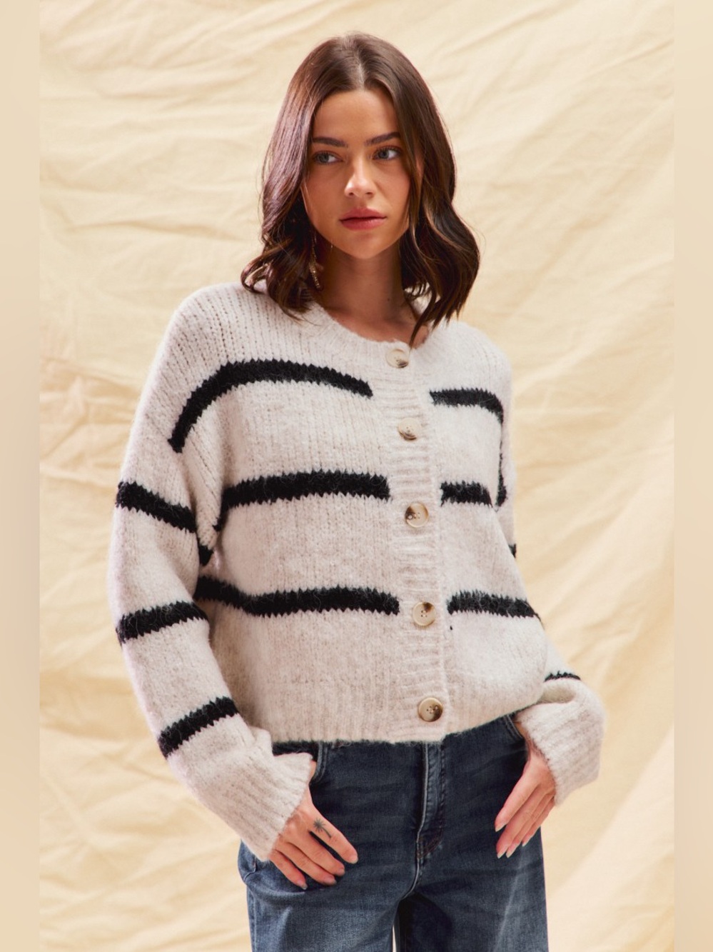 SO ME Stripe Soft Touch Button Cozy Sweater Cardigan